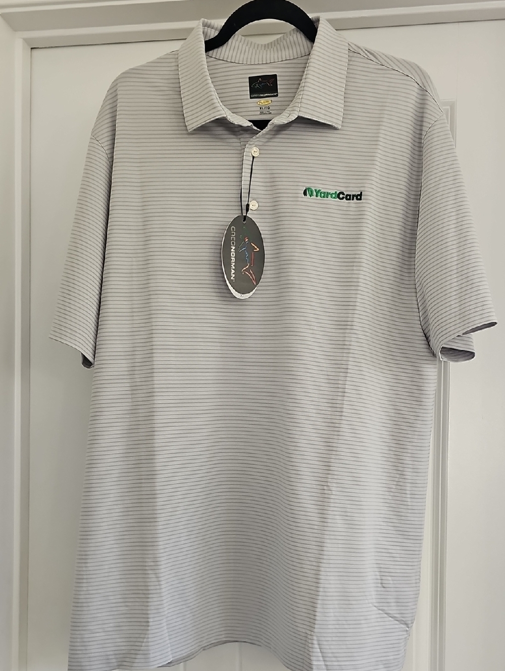 NWT Greg Norman Men’s Light Gray Striped Polo with YardCard Embroidery, XL